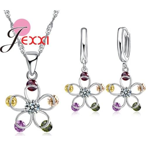 High Quality Flower Fashion Jewelry Set Women 925 Sterling Silver CZ Birthday Necklaces Earring Set Wholesale