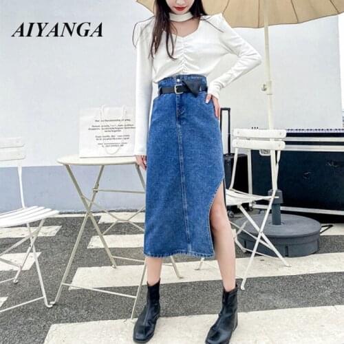 High Quality Summer 2021 Women Cotton Denim Skirt High Waist Long Pencil Skirt Side Split Casual Jeans Skirts longue femme