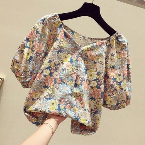 40#Vintage Floral Print Blouses Square Collar Puff Sleeve Hooks Button Sexy Blouses Shirts Women Tops 2021 Shirts Summer Top
