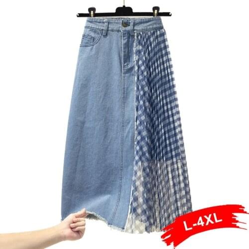 Plus Size Rough Edge Mesh Patchworked Denim Skirts Women Spliced Tassel Hem Plaid Jean Skirt Calf Length Elegant Casual Y2K