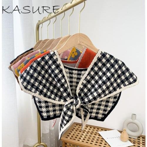 Kasure Knited Solid Shawl Vest Women Autumn Winter Outside False Collar Shawl Plaid Pattern Knotted Shoulder Wrap Cashmere Scarf