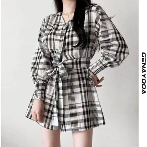 Genayooa Long Sleeve Plaid V-neck Two Pieces Set Tracksuit Women Tops And High Waisted Mini Shorts Set Korean 2 Pieces Suit 2021