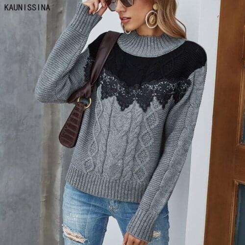 Knitted Sweater Women Lace Splicing Long Sleeve Half Turtleneck Pullovers Knitted Sweaters Female Casual Sweaters Autumn Winter