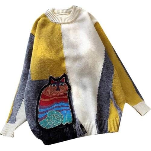 ZA Knitted Sweater Women Patchwork Fashion Embroidery Long Sleeve Warm Pullover Women Autumn Winter Sweaters Loose Jumpers Tops