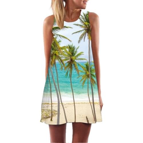 Fashion summer casual dress 3D printed round neck off shoulder loose medium length sleeveless vest dress womens dress