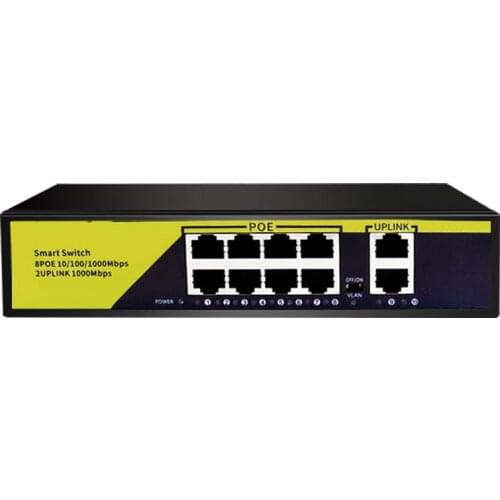 10Port POE Gigabit Switch 48V VLAN 10/100/1000Mbps 8 poe 1000M port+2uplink port Network Switch for CCTV IP Camera Wireless AP