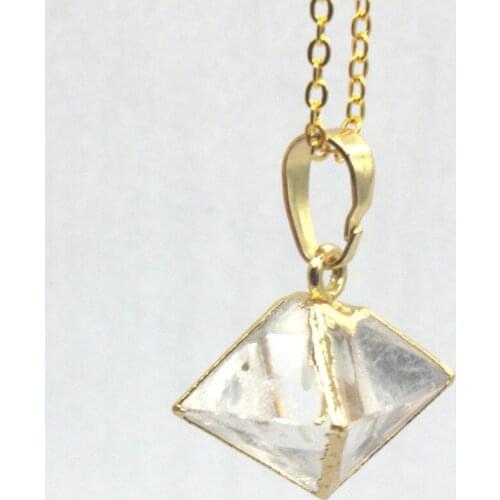 100-Unique Trendy 1 Pcs Light Yellow Gold Color Natural Rock Crystal Square Pyramid Pendant Necklace With Chain Jewelry