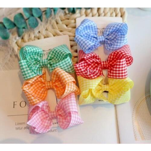 30PCS/3.1INCH Gingham Ribbon Girl Hair Bow Clips OR ELASTIC RUBBER Plaid Bowknot 9Color Accessories Drop Shipping Back to School