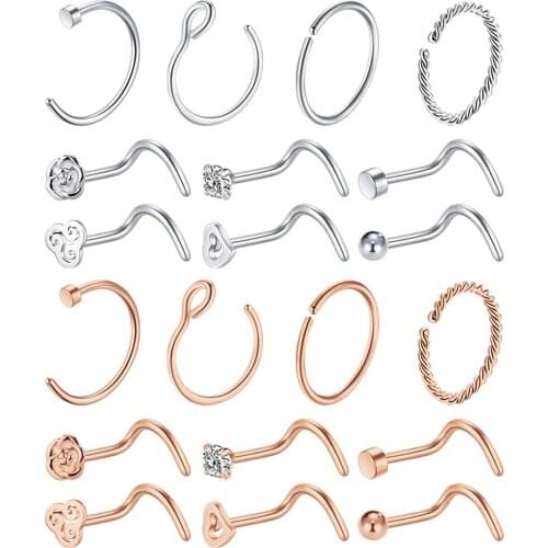 20G Nose Rings Surgical Steel Nose Studs Nose Hoop Rings 20Pcs Nose Piercing with Various Style in and Rose Gold Color
