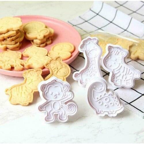4Pcs Plastic Biscuit Mold DIY Cartoon Animals Biscuit Making Mould Kitchen Cake Handmade Tool Cookie Cutter Fondant Embosser Die