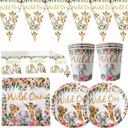 51pcs/lot Happy Birthday Party Wild One Theme Napkins Hanging Banner Cups Flags Plates Tablecloth Decorate Kids Favors Bunting