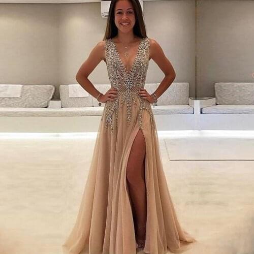An044 2020 Luxury Fully Pure Hand Beaded Prom Gown Hot Sexy A-Line High Slit Long Evening Dress Noble Robe De Soiree