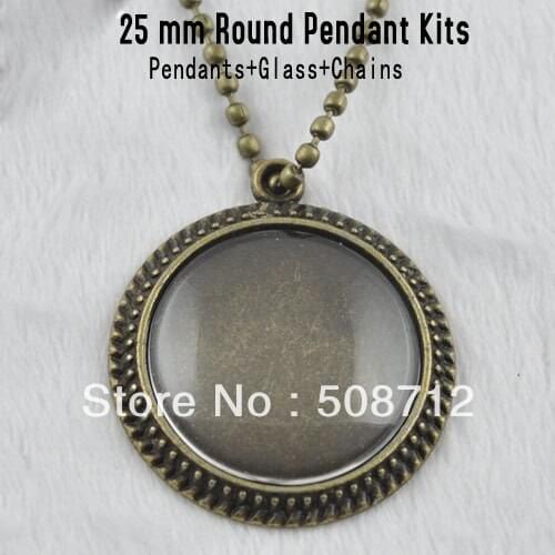 Free Ship!! Diy alloy pendant vintage 25mm ancient bronze laciness trays +glass+ ball chain,need you own DIY