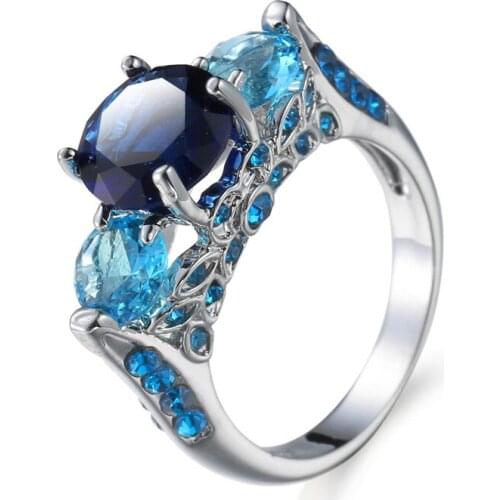 Shiny Round Cubic Zircon Crystal Royal Blue&Ocean Blue Jewellry CZ Marquise Stone Flower Engagement Ring for Women Wedding Gift