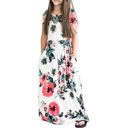 Bohemian A Line Summer Girls Maxi Dresses 2018 Short Sleeves Printed Dresses Birthday Party Dresses Kids Beachwear Clothes