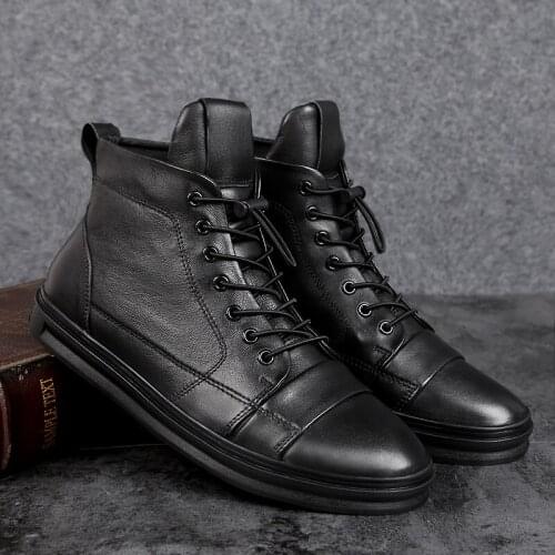 Men Boots Genuine Leather Shoes Mens Sneakers Male Casual Footwear Fashion Outdoor Winter Ankle Boots Shoes Black Sneakers 47 48