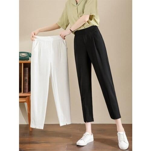 Womens Summer Thin Section Pants 2021 New Trouser Mouth fork-Harem Pants High Waist Ice Silk White Casual 8-Point Pants