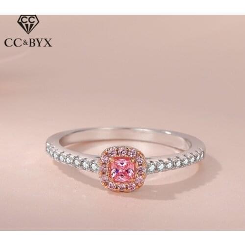 CC Silver Rings For Women Fashion Pink Cubic Zirconia Square Stone Ring Ladies Jewelry Bridal Wedding Engagement Bague CC1576