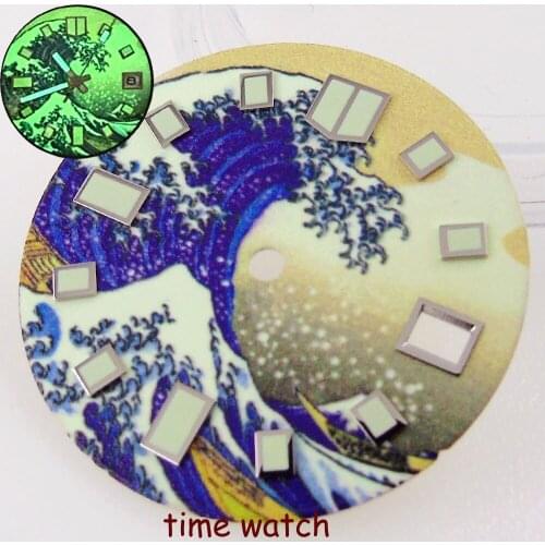 Super Lume 29mm Kanagawa Watch Dial Spare Parts For NH35/NH35A Movement Fit SKX007 Watch Case Date Window