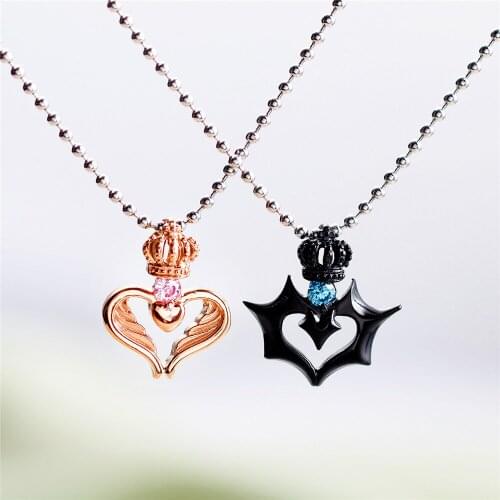 Stainless Steel Zircon Black Rose Gold Color Imperial Crown Shape Necklace Couple Lovers Anniversary Jewelry Gift for Women Men