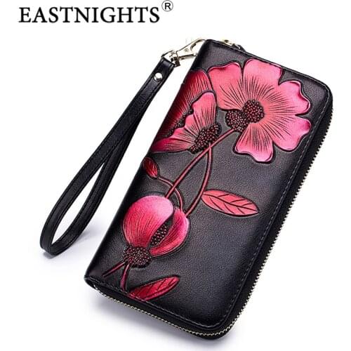 EASTNIGHTS long wallet women genuine leather zipper clutch wallets female vintage flower purse lady card holder