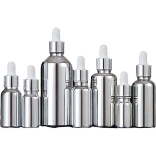 5ML 10ML 15ML 20ML 30ML 50ML 100ML UV Shiny Silver Glass Cosmetic Packaging Serum Essential Oil Dropper Bottles 15pcs/Lot