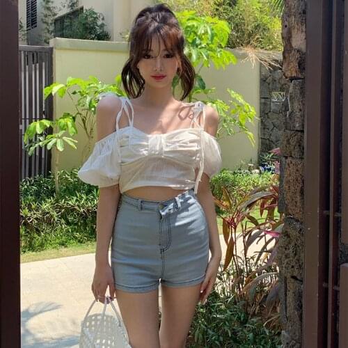 Women T-shirt White Solid Short Sleeve Boat Neck Off-the-shoulder Crop Tops Summer Blusas Chic Cropped Top Ladies Streetwear