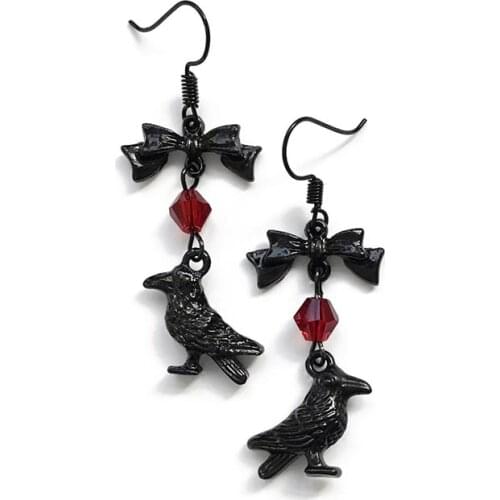 Gothic Raven Earrings, Red Beads, Black Crow Earrings