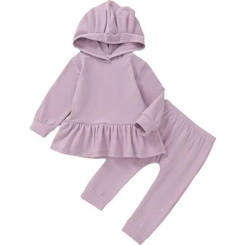 2 Pieces Kids Suit Set, Solid Color Long Sleeve Hooded Top and Trousers for Girls, Purple