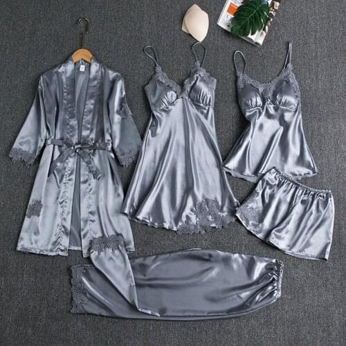 Sleepwear Female 5PCS Pajamas Set Satin Lace Pyjamas Bridal Wedding Nightwear Sexy Spring Home Wear Nighty Nightgown Sleep Suit