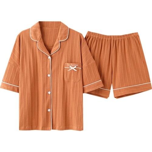 Summer Pajamas Suit Cotton Ladies Solid Color Simple Sleepwear Short-Sleeved Shirt Shorts Pyjamas Women Nightwear Pijamas Set
