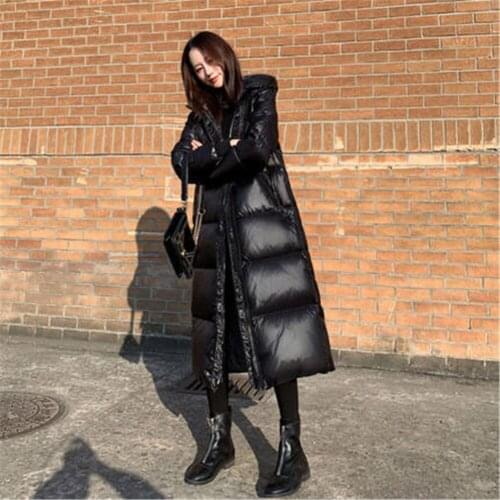 2021 Fashion Thicken Winter Hooded Loose Long Jacket Female Windproof Rainproof Warm Outwear Black Glossy Parka Coat Womens
