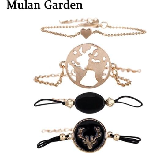 M&G Boho Fashion Gold Metal Charm Bracelets for Women Antlers Map Gold Beads Heart Multilayer Bracelet Bangle Set Jewelry 2019