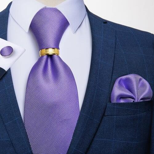 New Fashion 8cm Solid Purple Mens Silk Tie Formal Business Necktie Wedding Party Tie Hanky Cufflinks Ring Set Men Gift DiBanGu