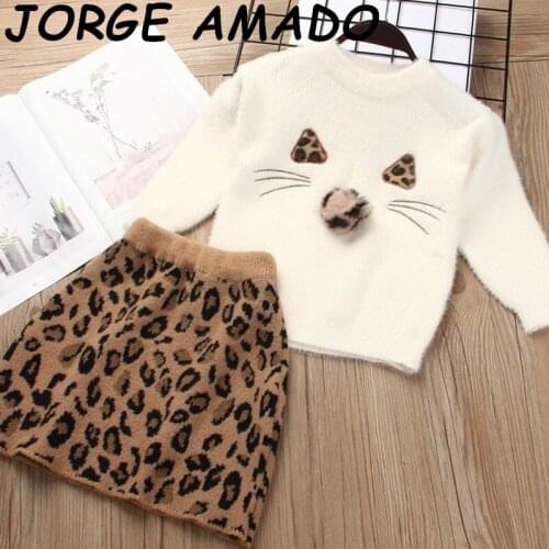 Girls Outfits 2020 Autumn Clothes for Girls knit Sweater + Mink wool Leopard Skirt Baby Girl 2pcs Sets Girls Clothes E21279
