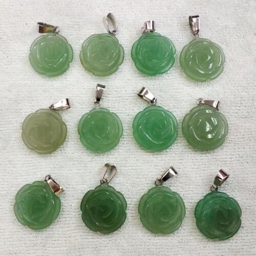 Wholesale 12pcs/lot fashion natural green aventurine stone Rose flower charms pendants for jewelry making free shipping