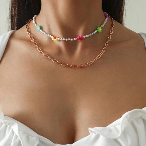 TAUAM Kpop Colorful Color Chain Choker Flower Bead Necklace For Women Steampunk Single Layer Cross Chain Charm Necklace Jewelry