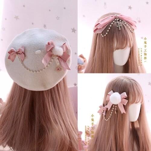 Pink Japanese hair accessories lolita hairpin clip kc gorgeous bow beret soft sister painter hat