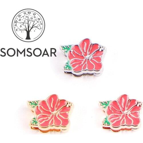 Somsoar Jewelry Hibiscus Charm Flower Slide charms fit Leather wrap Mesh Stainless steel Bracelet Bangle 10pcs/lot