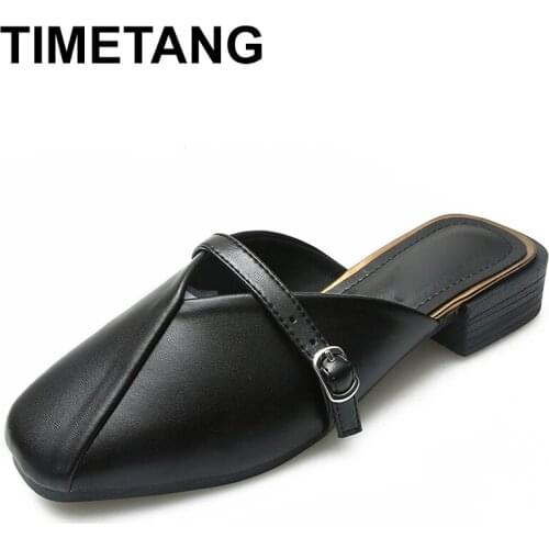 TIMETANGWomen Slippers Luxury Brand Fashion Low Heel Woman Slipper Mule Slides Closed Toe Square Shoes Single Party SandalsE936