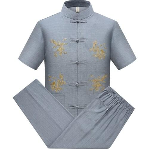 Man Chinese Traditional Clothing Set Casual Kung Fu Tai Chi Uniforms Shirt Pants Print Short Sleeve Oriental Tang Suit SL2995