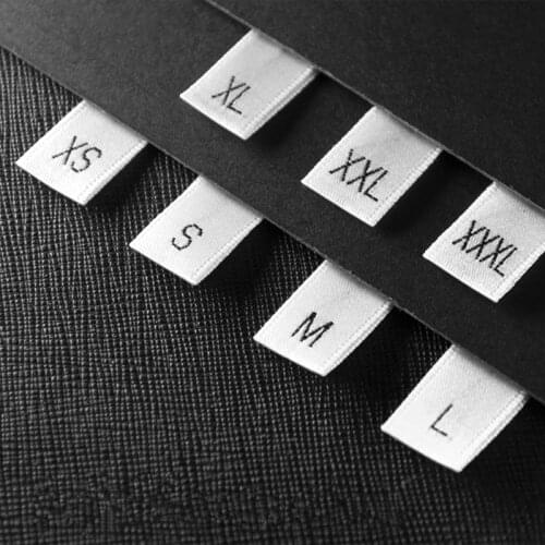 500pcs White Satin Size Label Tags Black Text with Cut and Folded XS-XXXL Soft satin Clothing Tags White Washing Care Labels