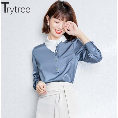 Trytree 2021 Spring Summer Women Blouse Casual Asymmetric Turn-down Collar Patchwork Silky Shirts Office Lady Tops For Women