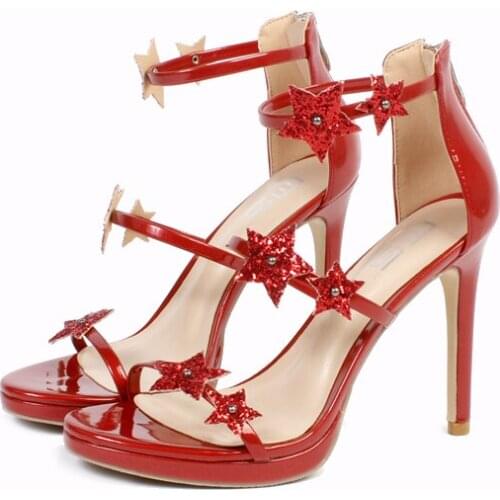 2020 Women Beautiful Red Pumps Sequins Stars Stiletto High Heel Womens Sandals Back Zipper Hollow Open Toe Fashion Roman Shoes