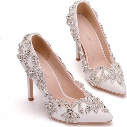 Crystal Queen Elegant Crystal Pointed Toe Wedding Shoes Womens Pumps Fashion Party Eveing High Heels Shoes Women Dress11CM
