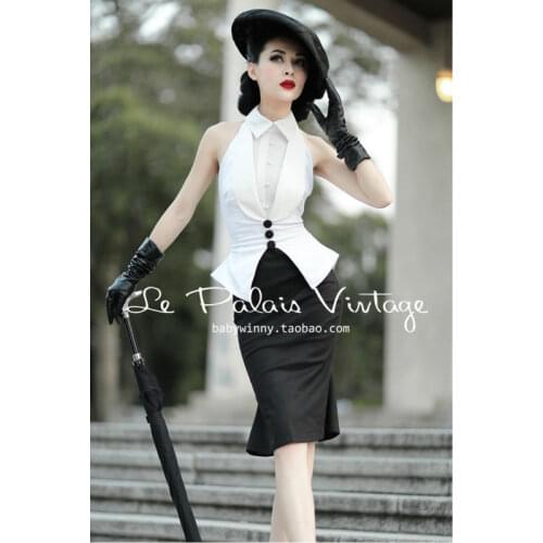 FREE SHIPPING Le Palais Vintage 50s Black And White Elegant Self-Cultivation Halter Fishtail High Quality Womens Sets