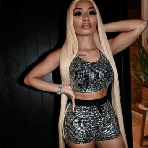 ANJAMANOR Sexy Glitter 2 Piece Set Summer Outfits for Women 2021 Clubwear Crop Top Short Suits Vacation Tracksuit D44-CE17