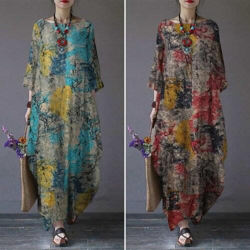 Oversized Womens Floral Sundress 2021 ZANZEA Printed Maxi Dress Elegant Autumn Casual Long Sleeve Vestidos Female Cotton Robe