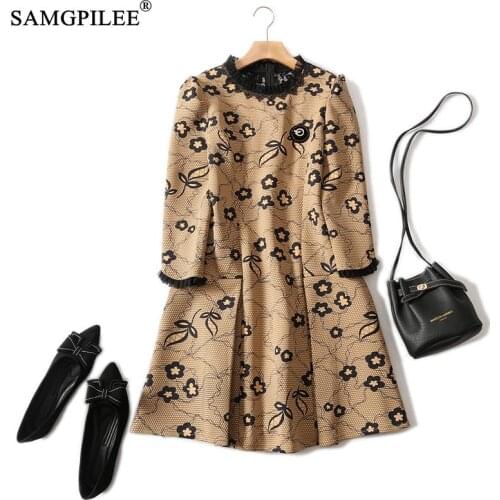 Winter Dress Women 2020 Casual A-line Print Three Quarter Sleeve Hollow Out Plus Size Empire O-neck Dresses For Woman Party 4XL