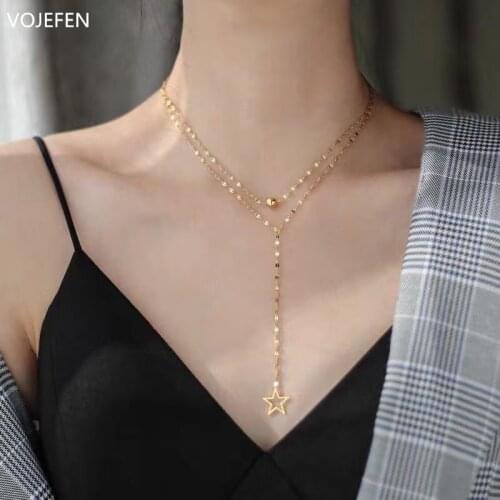 VOJEFEN AU750 18 K Yellow Gold Layered Necklace Star Double Choker Y Lips Neck Chain Fine Jewelry Gift for Women 2021 NEW